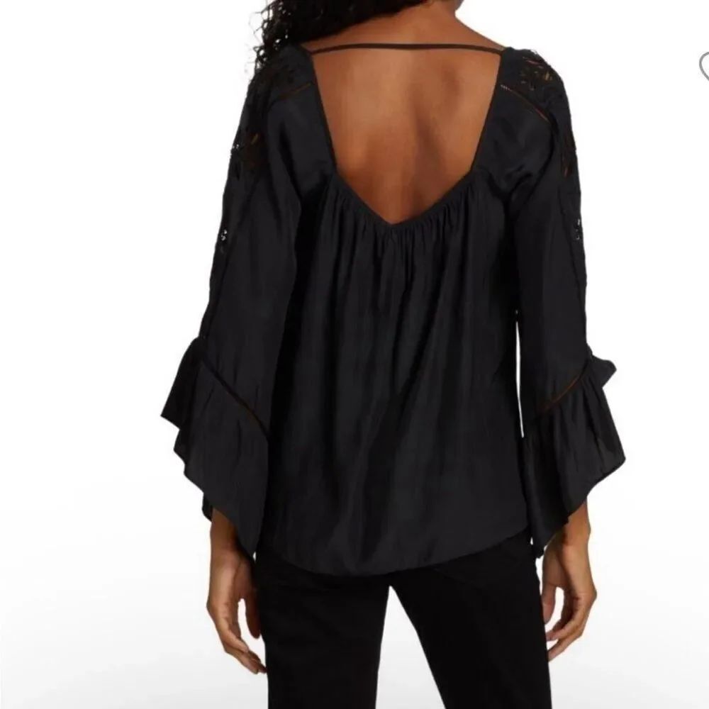 Ramy Brook Black Flowy Lightweight Feminine Dark Goth Romantic Flare Sleeve Top